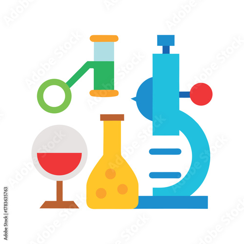 Colorful, cartoonish icons of a microscope, a test tube, a beaker, and a DNA strand, all on a white background.