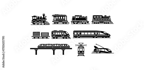 Several train icon models suitable for transportation industry presentations, historic train enthusiasts, and train-themed designs.
