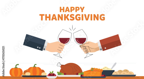 Happy thanksgiving celebration with a toast of red wine and a festive dinner table laden with turkey and pumpkin pie
