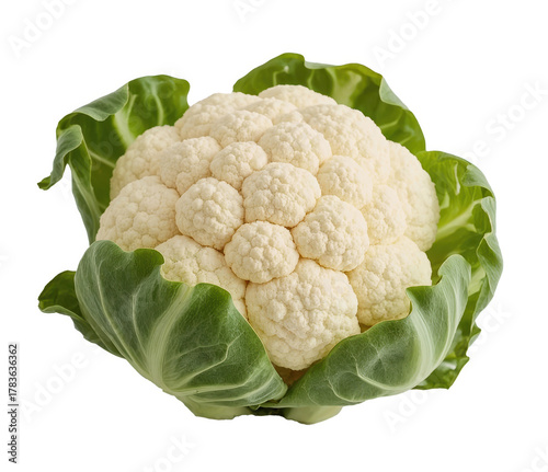 Cavolfiore fresco con foglie verdi su sfondo bianco. Generative AI