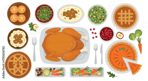 A festive overhead view of a complete thanksgiving dinner spread featuring a roasted turkey mashed potatoes green beans pies and cranberries