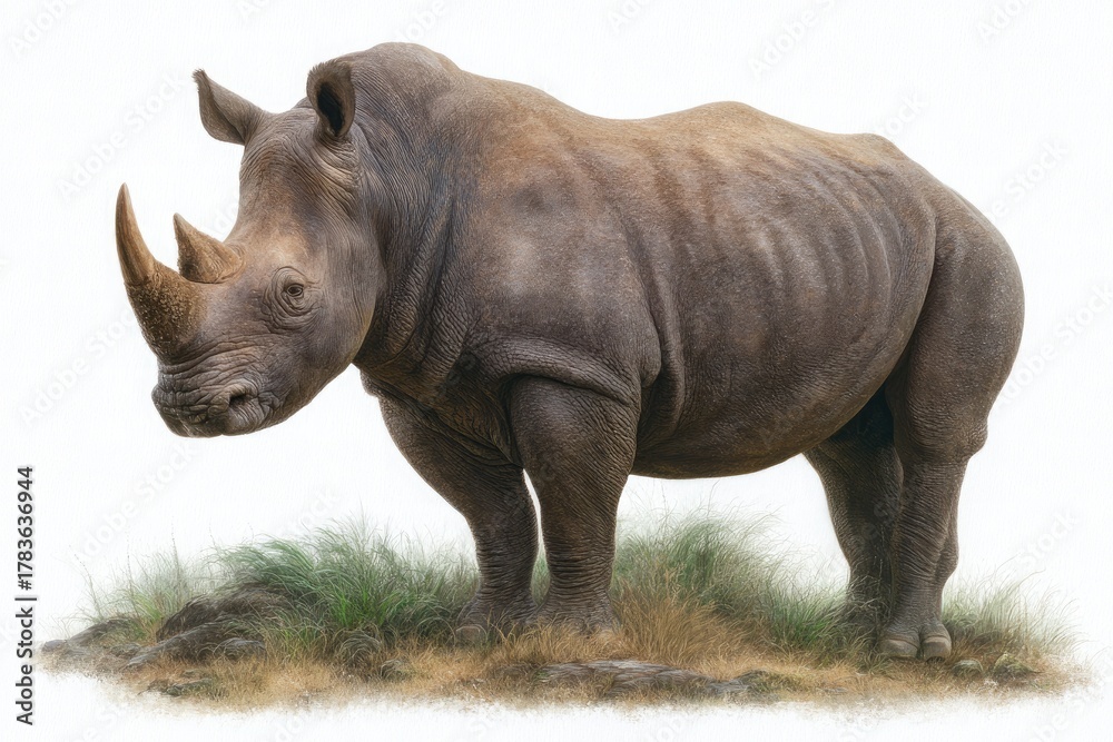 Obraz premium White rhinoceros standing on grassy ground animal wildlife 1