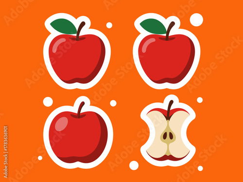A collection of bright red apples on a vibrant orange background, featuring whole apples and a half-cut one to showcase their freshness and appeal as delicious fruits.