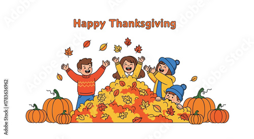 Happy thanksgiving celebration with cheerful children playing in a pile of autumn leaves surrounded by pumpkins