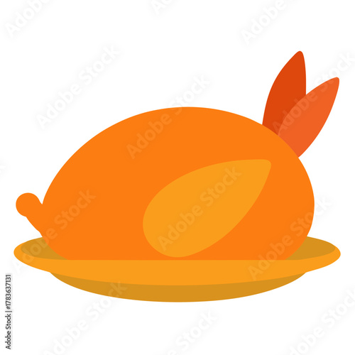 Flat roasted turkey illustration on plate with bright vector illustration
