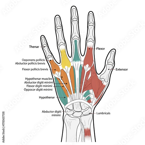 Anatomical Illustration of Human Hand Muscles and Bones.