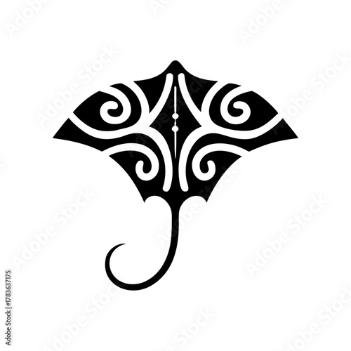 Stylized tribal stingray tattoo in black and white on transparent background