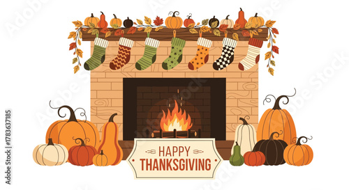 Cozy thanksgiving hearth with burning fireplace autumn leaves festive stockings and a bounty of pumpkins and gourds