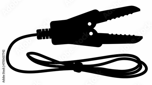 Silhouette of an alligator clip with a cord, showing the clip open and the cord looped around itself