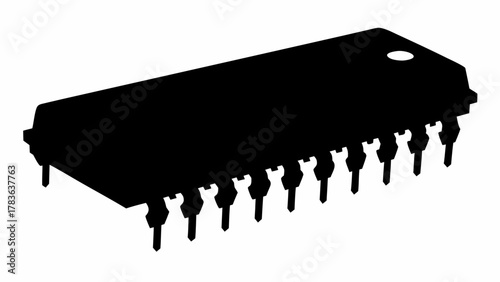 Illustration of a black dip integrated circuit with pins on a white background in perspective view