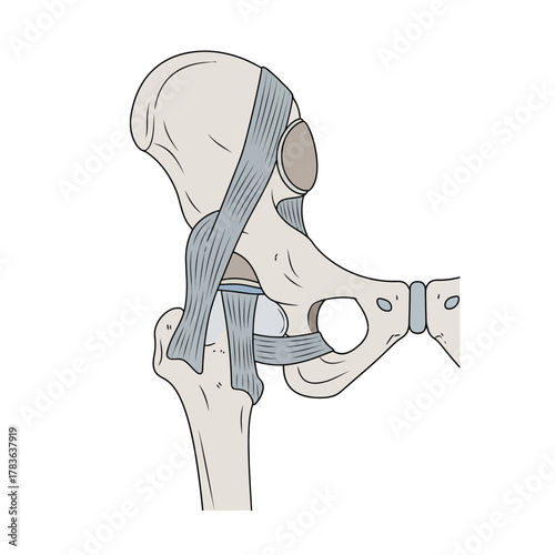 Anatomical Illustration of the Human Hip Joint Ligaments.