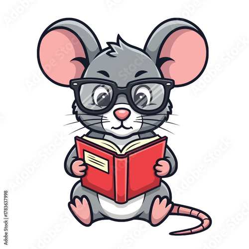 Curious cartoon mouse with glasses engrossed in reading a red book, showcasing a love for learning and knowledge an inquisitive story book character that inspires curiosity.