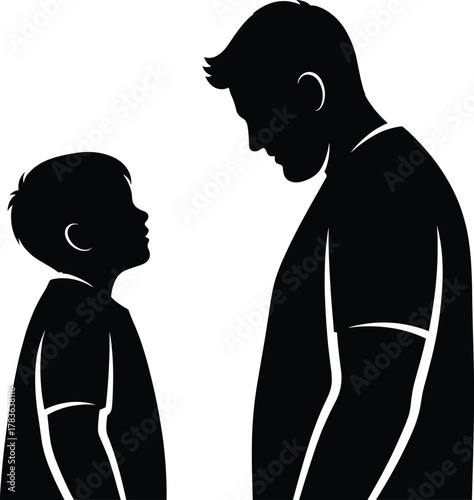 Silhouette of Father and Son Facing Each Other in Conversation, Family Bonding, Parenting Concept, Black and White Vector Illustration