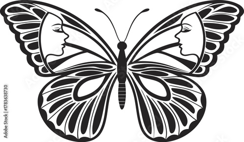 Black butterfly vector illustration, isolated insect silhouette design with decorative wings