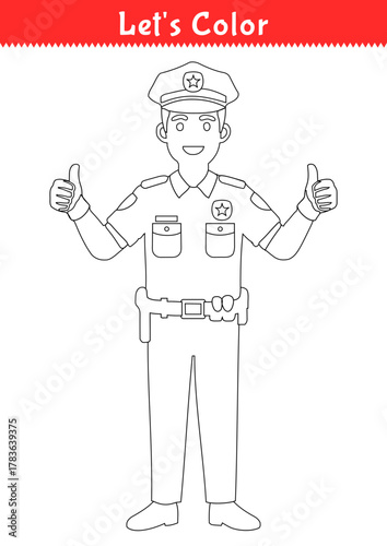 Coloring page for kids Happy police officer giving thumbs up, a community helpers activity