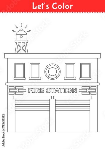 Coloring page for kids: Simple outline of a fire station building, a community helper activity