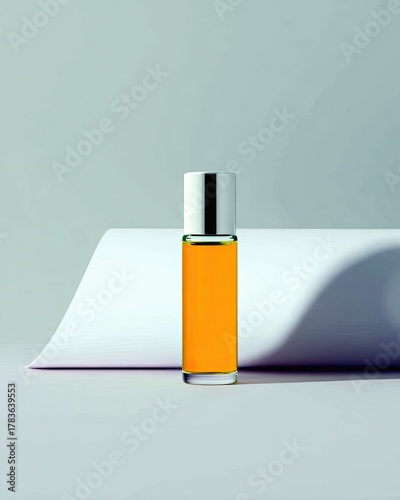 A clear glass rollerball bottle filled with orange liquid sits on a white surface, with a curved white backdrop behind it.