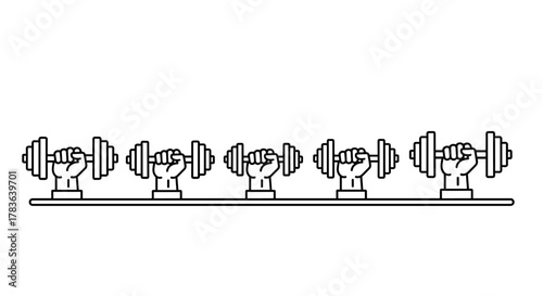 A seamless vector illustration featuring a repeating pattern of hands holding dumbbells, presented in a clean, thin line art style against a white background, ideal for fitness apps, graphic design