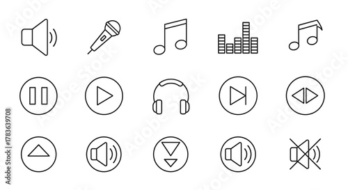 Collection of editable line icons representing audio and sound elements, including speaker, microphone, music notes, equalizer, headphones, play, pause, skip, and mute symbols, perfect for multimedia