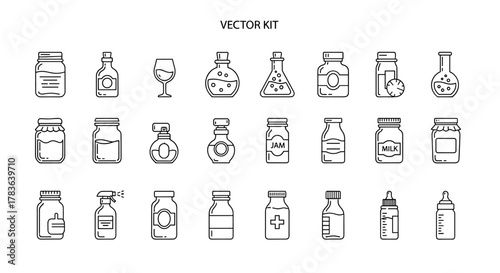 Collection of various jars and bottles in a thin vector icon set, presented in black and white. This clean and ordered line icon set on a white background features diverse containers like jam jars