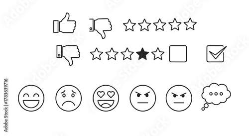 Vector set of feedback and review icons, including thumbs up and thumbs down, star ratings, checkboxes, and various expressive emojis like happy, sad, in love, angry, and a thinking bubble