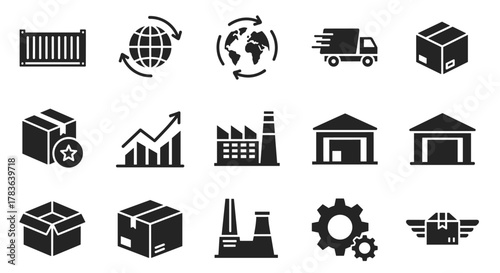 Comprehensive Supply Chain and Logistics Icon Set: Featuring Shipping, Delivery, Product Distribution, Factories, Warehouses, Boxes, and Industry Symbols for Seamless Business Operations and Global