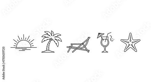 Vibrant outline icon set depicting a tropical beach paradise at sunset, featuring a setting sun over the ocean, a silhouetted palm tree, a relaxing beach chair, a refreshing cocktail glass with an