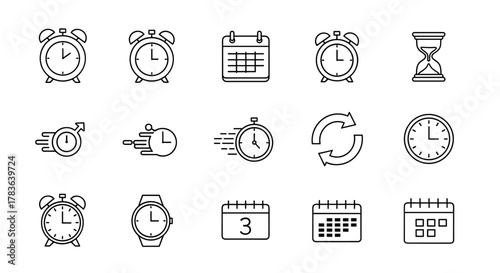 Time icon set featuring timers, alarms, schedules, hourglass, clocks, speed, restore, management, calendars, and watches. Thin line symbols suitable for web and mobile applications, presented on a