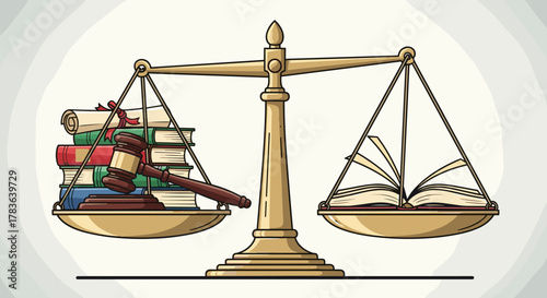 Vector illustration of balanced scales of justice, symbolizing legal fairness and comparison, featuring a judge's gavel, a stack of law books, a diploma, and an open book on a light background.