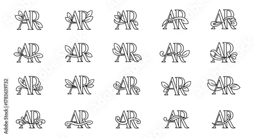 Set of 20 elegant AR monogram logos, featuring serif letterforms intertwined with delicate leaves and flowing lines, presented as clean vector line art on a white background, perfect for branding and