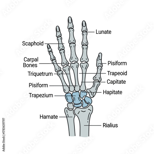 Detailed anatomical illustration of the human hand bones and wrist.