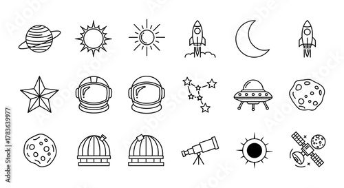 Cosmos-themed line icon pack featuring celestial bodies like planets, sun, and moon, alongside rockets, astronauts, UFOs, and observatories, perfect for graphic design, web, apps, adverts, cards, and