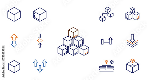 Modern outline style icons representing cubes, pyramids, hierarchy, and abstract concepts of growth, compression, and organization, presented on a clean white background, ideal for digital design