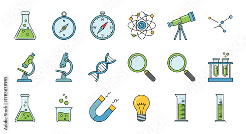 Vibrant and Modern Science Line Icon Set: A Comprehensive Collection of Linear Illustrations for Design Projects, Websites, and Apps, Featuring Laboratory Equipment, Astronomical Tools, and