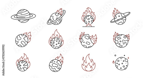 Collection of line icons depicting planets on fire, symbolizing global warming, environmental disaster, or cosmic events. Includes a ringed planet engulfed in flames, a cracked planet burning, and a