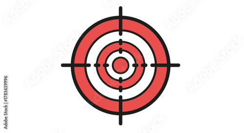 A stylized vector icon of a shooting target, featuring concentric circles in red and white with a thick black outline and crosshairs, symbolizing focus, precision, and aim, perfect for representing