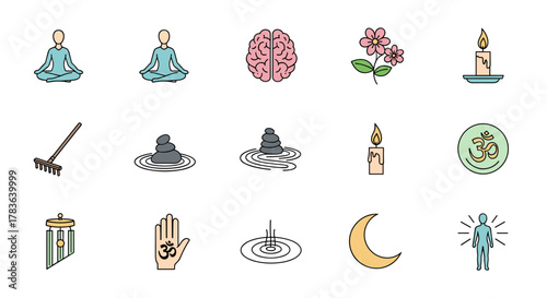 Set of flat icons representing meditation, yoga, and mindfulness, including figures in lotus pose, a brain, flowers, candles, zen garden stones, a rake, wind chimes, the Om symbol, a crescent moon