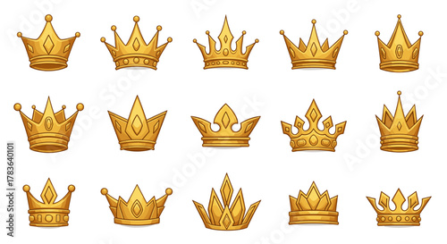 Collection of fifteen golden crowns in a cartoon illustration style, presented in ordered rows against a clean white background, symbolizing royalty, power, and achievement. Each crown features