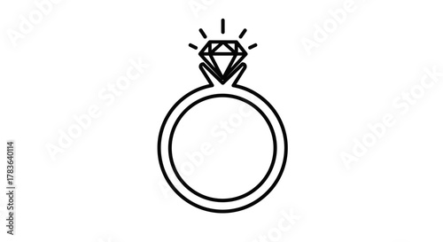 Elegant diamond engagement ring icon, symbolizing love, commitment, and marriage. This clean vector illustration features a sparkling gemstone set in a classic band, perfect for wedding invitations