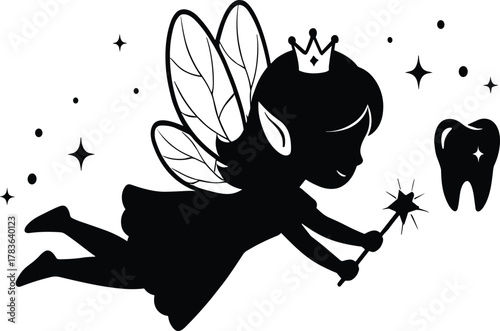 Tooth fairy silhouette, magical flying character, crown wings wand star sparkles, black vector art, children folklore drawing, whimsical fantasy design