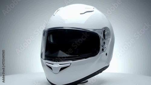 Close Up of a Glossy White Motorcycle Helmet with Clear Visor on White Tabletop in Studio Lighting
