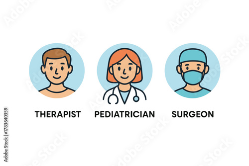 Therapist pediatrician and surgeon cartoon portraits, flat medical illustration in pastel colors, healthcare professionals