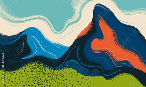 This vibrant abstract artwork depicts stylized mountain landscapes using bold colors and fluid shapes, inviting interpretation and evoking a sense of adventure and exploration.