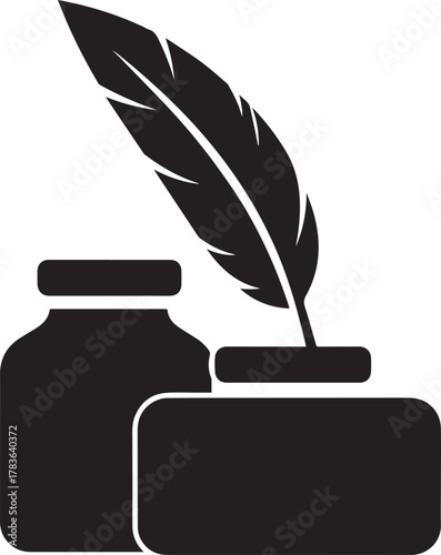 Feather Quill and Inkwell Silhouette Icon Black And White