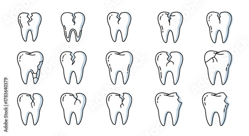 Collection of stylized vector illustrations depicting various types of broken teeth, showcasing different cracks and chips, presented on a clean white background, ideal for dental health awareness