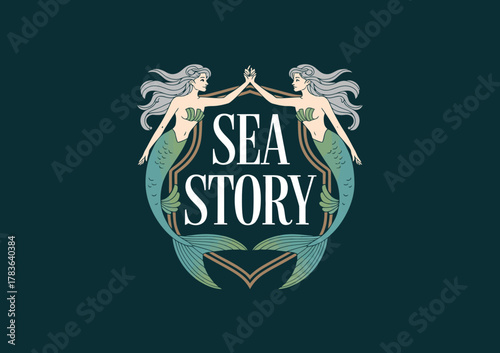 This logo features two beautifully illustrated mermaids holding hands, evoking a sense of whimsy and allure, perfect for businesses focused on ocean themes or storytelling.