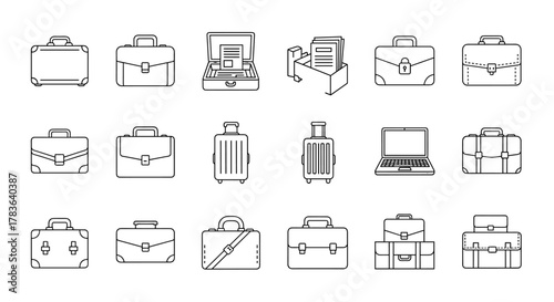 Collection of line art icons representing briefcases, business suitcases, and a laptop, suitable for web design, books, cards, and apps, featuring editable strokes and a clean, modern aesthetic for
