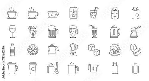 A comprehensive collection of beverage-related line icons, featuring cups, mugs, glasses, and containers for coffee, tea, and other drinks, perfect for graphic design, web development, app