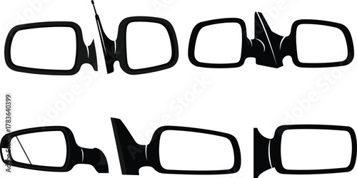Car side mirror silhouette collection, automotive vehicle mirror icons set, front and side view illustration for transport service, vector design