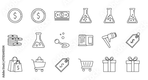 Collection of thin line icons representing money, lab equipment, shopping, and gifts, perfect for web, books, cards, and apps. Editable stroke vector cartoon illustration for diverse design projects.